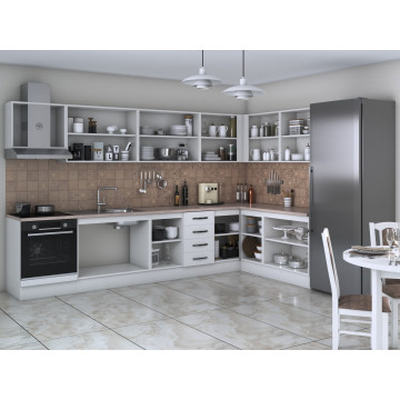 Bucatarie de colt Alfa, Corp hota, Corp cuptor, Cu vitrina, Alb, Blat termic travertin - Img 2