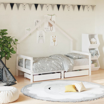 Cadru de pat copii cu sertare, alb, 80x160 cm, lemn masiv pin - Img 1