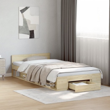 Cadru de pat cu sertar stejar sonoma 90x200 cm lemn prelucrat - Img 3