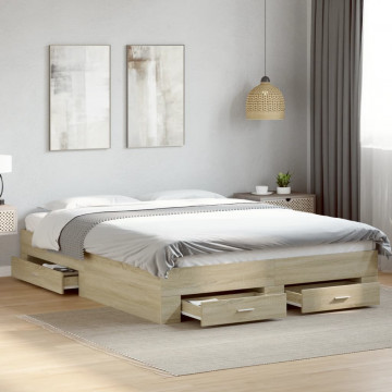 Cadru de pat cu sertare stejar sonoma 160x200 cm lemn prelucrat - Img 3