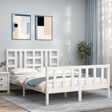 Cadru de pat cu tăblie, alb, king size, lemn masiv - Img 1