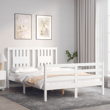 Cadru de pat cu tăblie, dublu, alb, lemn masiv - Img 3