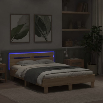 Cadru de pat cu tăblie și LED, stejar sonoma, 135x190 cm - Img 4