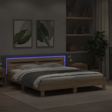 Cadru de pat cu tăblie și LED, stejar sonoma, 200x200 cm - Img 4