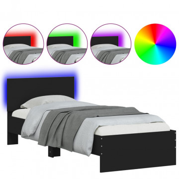 Cadru de pat cu tăblie și lumini LED, negru, 75x190 cm - Img 2