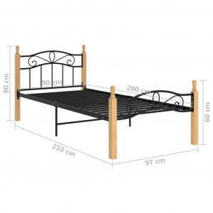Cadru de pat, negru, 90x200 cm, metal și lemn masiv de stejar - Img 5