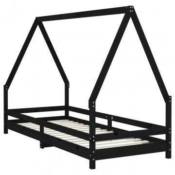 Cadru de pat pentru copii, negru, 80x200 cm, lemn masiv de pin - Img 3