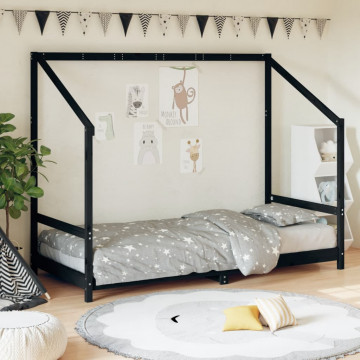 Cadru de pat pentru copii, negru, 90x190 cm, lemn masiv de pin - Img 1
