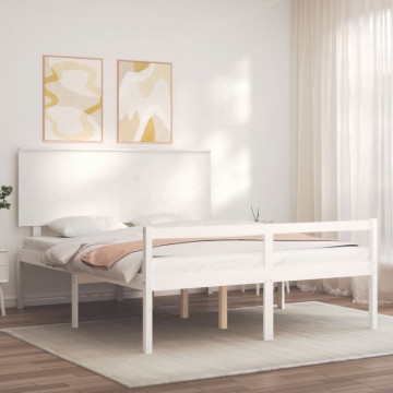 Cadru de pat senior cu tăblie, alb, king size, lemn masiv - Img 3