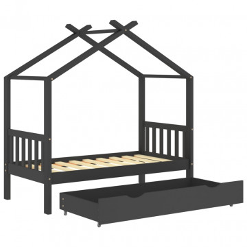 Cadru pat copii cu sertar gri închis 80x160 cm lemn masiv pin - Img 7