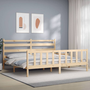 Cadru pat cu tăblie 200x200 cm, lemn masiv de pin - Img 1