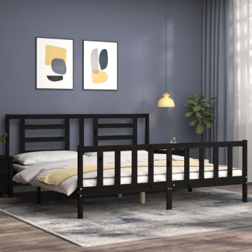 Cadru pat cu tăblie 200x200 cm, negru, lemn masiv - Img 3