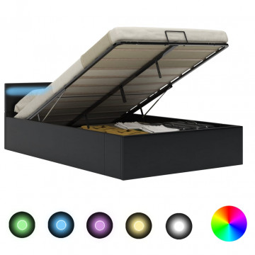 Cadru pat hidraulic ladă, LED, negru 140x200 cm piele ecologică - Img 1