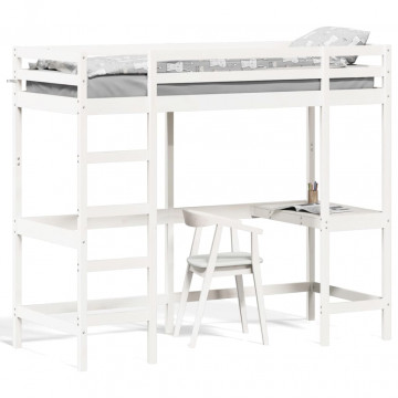 Cadru pat supraetajat cu birou, alb, 80x200 cm, lemn masiv pin - Img 1