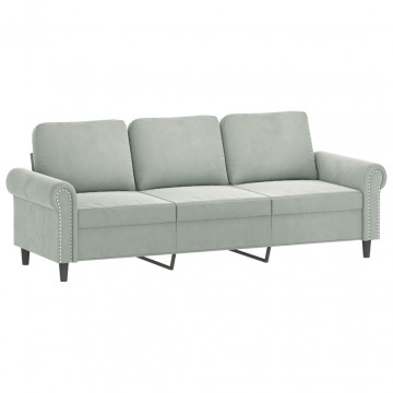 Canapea cu 3 locuri cu pernuțe, gri deschis, 180 cm, catifea - Img 4