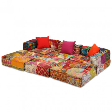 Canapea puf modulară cu 3 locuri, petice, material textil - Img 2