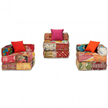Canapea puf modulară cu 3 locuri, petice, material textil - Img 6