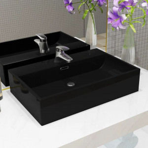 Chiuvetă baie, orificiu robinet, ceramică 76x42,5x14,5 cm negru - Img 1