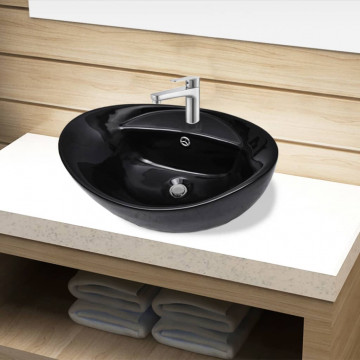 Chiuvetă baie, orificiu robinet/preaplin, negru, ceramică, oval - Img 1