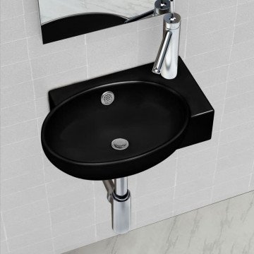 Chiuvetă baie orificiu robinet/preaplin, negru, ceramică, rotund - Img 1