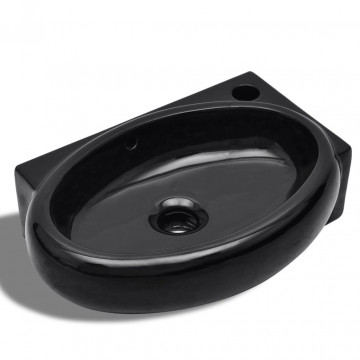 Chiuvetă baie orificiu robinet/preaplin, negru, ceramică, rotund - Img 2