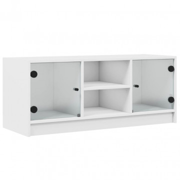 Comodă TV cu uși din sticlă, alb, 102x37x42 cm - Img 2
