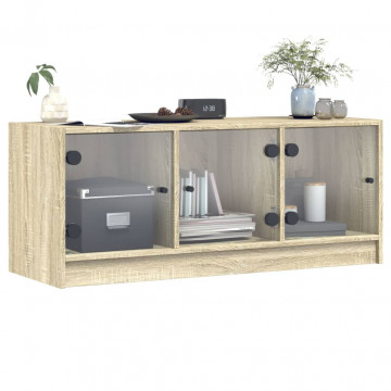 Comodă TV cu uși din sticlă, stejar sonoma, 102x37x42 cm - Img 4