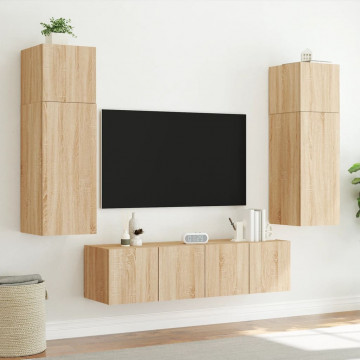 Comodă TV de perete cu lumini LED, stejar sonoma, 80x35x31 cm - Img 8