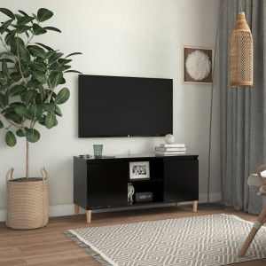 Comodă TV, picioare lemn masiv, negru, 103,5x35x50 cm - Img 1