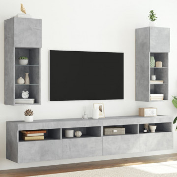 Comode TV cu lumini LED, 2 buc., gri beton, 30,5x30x90 cm - Img 1