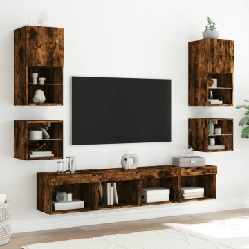 Comode TV cu lumini LED, 2 buc., stejar fumuriu, 30x28,5x30 cm - Img 8