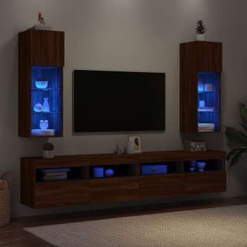 Comode TV cu lumini LED, 2 buc., stejar maro, 30,5x30x90 cm - Img 4