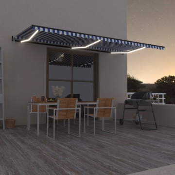 Copertină automată cu senzor vânt&LED, albastru/alb, 600x300 cm - Img 1