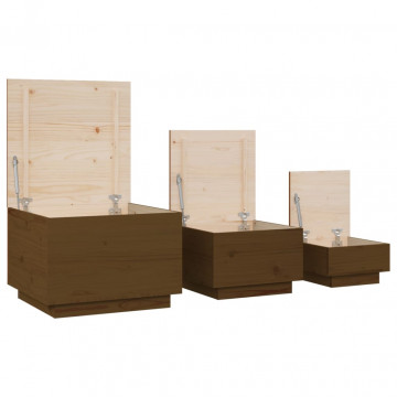 Cutii de depozitare cu capace 3 buc. maro miere lemn masiv pin - Img 5
