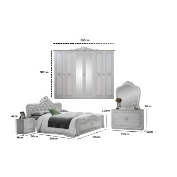 Dormitor Luisa, alb, pat 160x200 cm, dulap cu 6 usi, comoda, 2 noptiere - Img 2