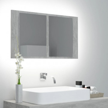 Dulap de baie cu oglindă & LED, gri beton, 80x12x45 cm acril - Img 1
