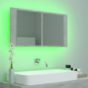 Dulap de baie cu oglindă și LED, gri beton, 90x12x45 cm - Img 4
