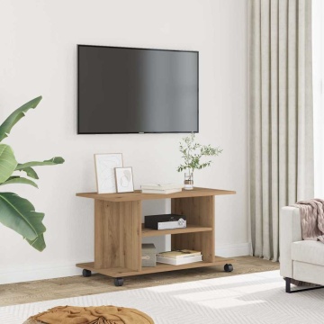 Dulap TV cu roți, stejar artizanal, 80x40x45 cm, lemn prelucrat - Img 1