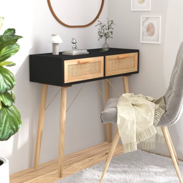 Masă consolă negru 80x30x75 cm lemn masiv pin și ratan natural - Img 1