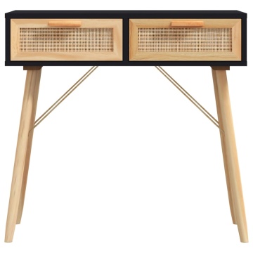 Masă consolă negru 80x30x75 cm lemn masiv pin și ratan natural - Img 4