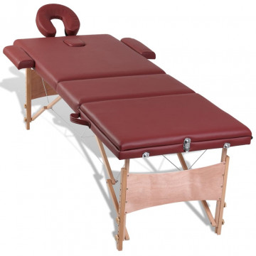 Masă de masaj pliabilă, 3 zone, roșu, cadru din lemn, roșu - Img 5