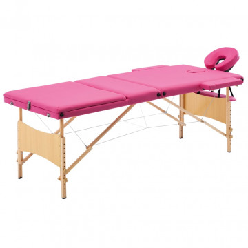 Masă de masaj pliabilă, 3 zone, roz, lemn - Img 1
