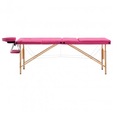 Masă de masaj pliabilă, 3 zone, roz, lemn - Img 2