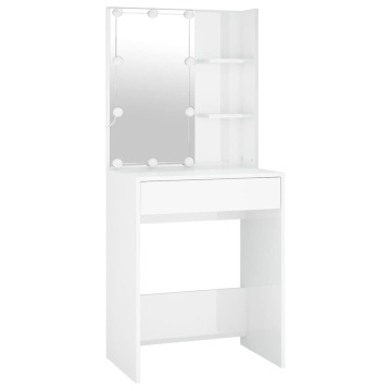 Masă toaletă cu LED/2 dulapuri, alb extralucios, lemn prelucrat - Img 7