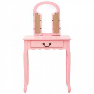 Masă toaletă cu taburet, roz, 65x36x128 cm, lemn paulownia, MDF - Img 4