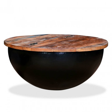 Măsuță de cafea, negru, lemn masiv reciclat, formă bol - Img 7