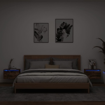 Noptiere montate pe perete cu lumini LED, 2 buc.,stejar fumuriu - Img 1