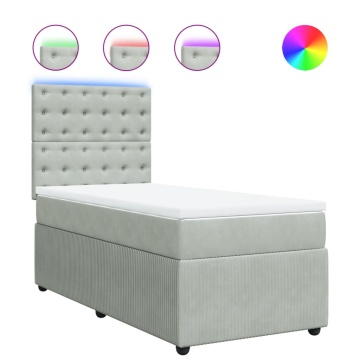 Pat box spring cu saltea, gri deschis, 90x190 cm, catifea - Img 2