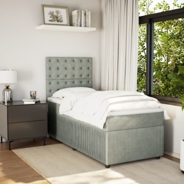 Pat box spring cu saltea, gri deschis, 90x190 cm, catifea - Img 8