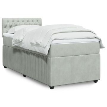 Pat box spring cu saltea, gri deschis, 90x190 cm, catifea - Img 1